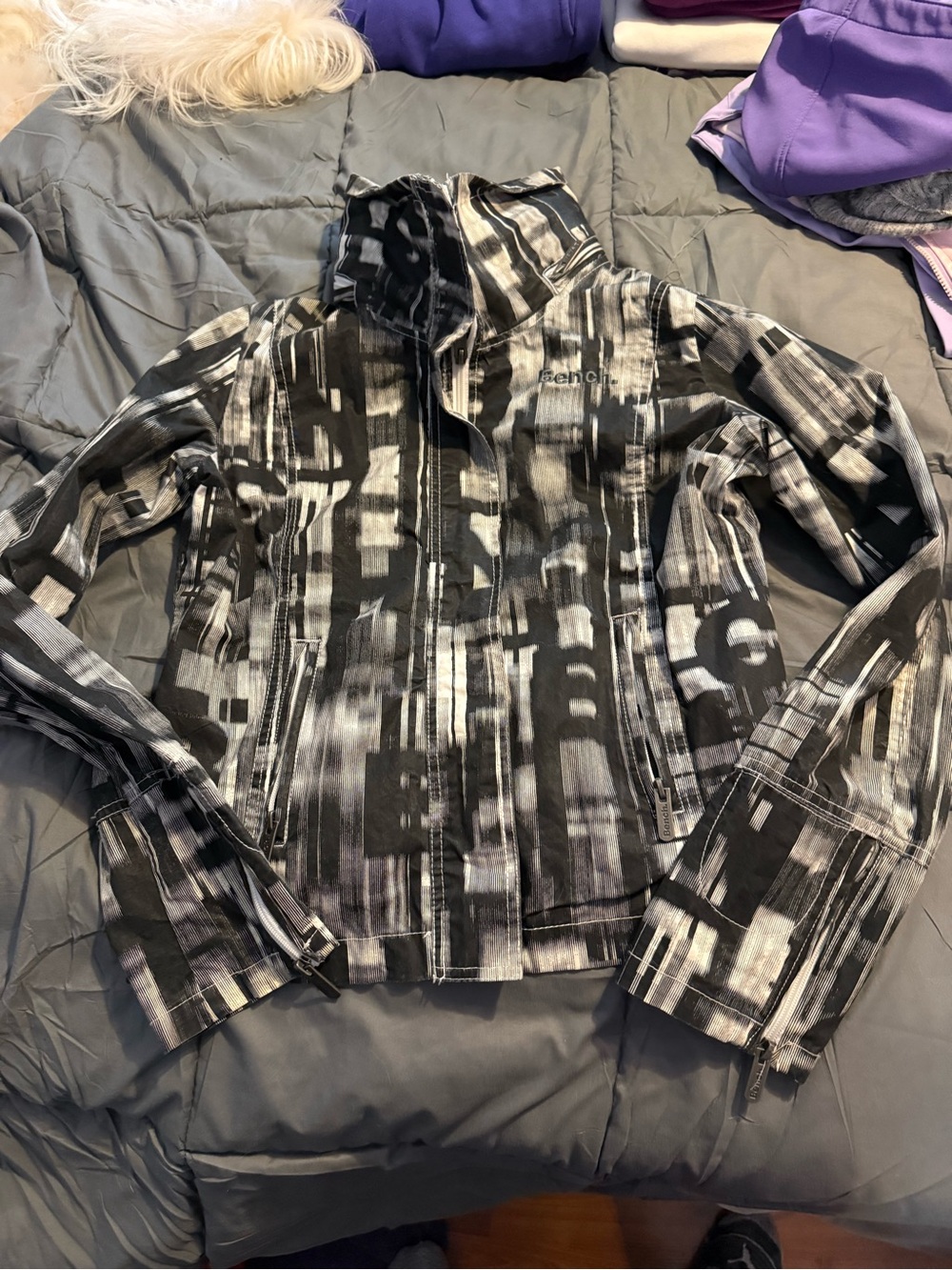 Bench Black & White Striped Graphic Zip Jacket